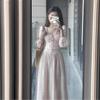 Early autumn French pink long-sleeve dress, women's outfit, new early autumn waist-cinching slimming elegant long skirt