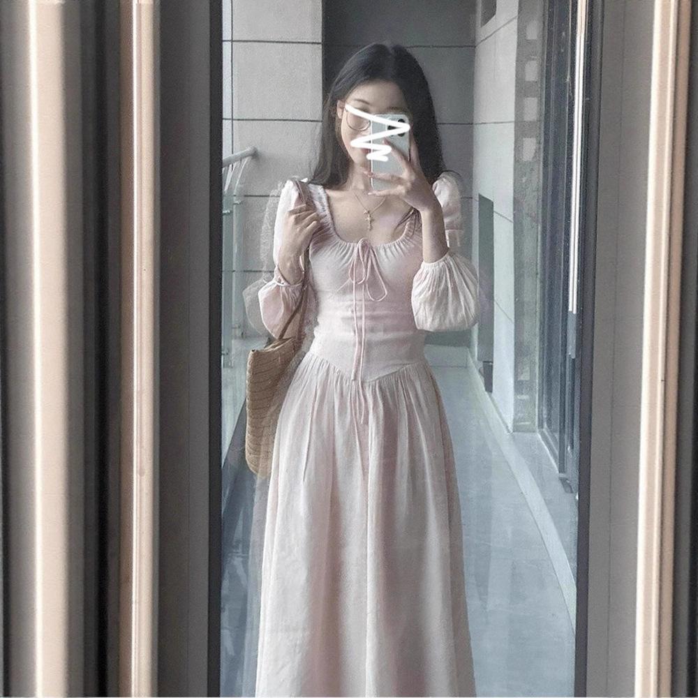 Early autumn French pink long-sleeve dress, women's outfit, new early autumn waist-cinching slimming elegant long skirt