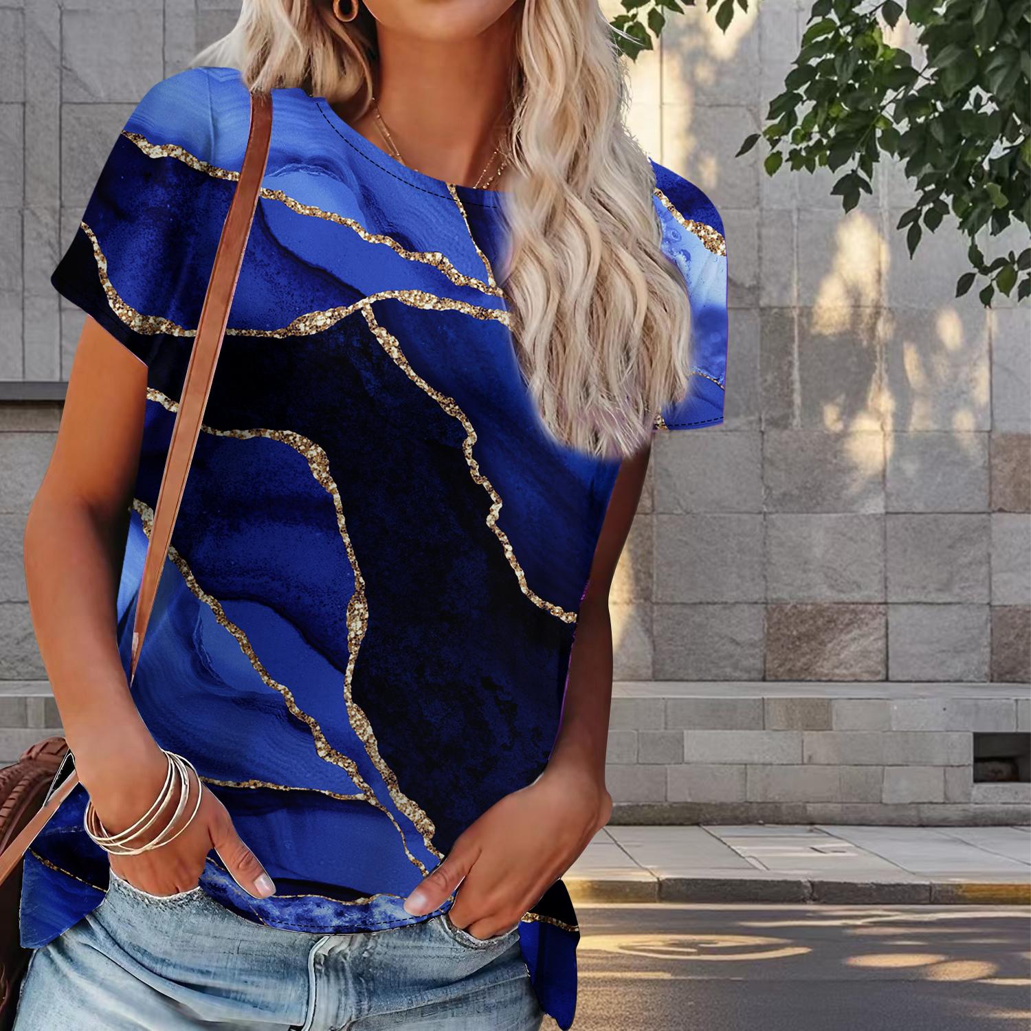 

Женская летняя футболка с мраморным принтом в стиле ретро, футболки с коротким рукавом, повседневные топы с принтом 4XL темно-синий