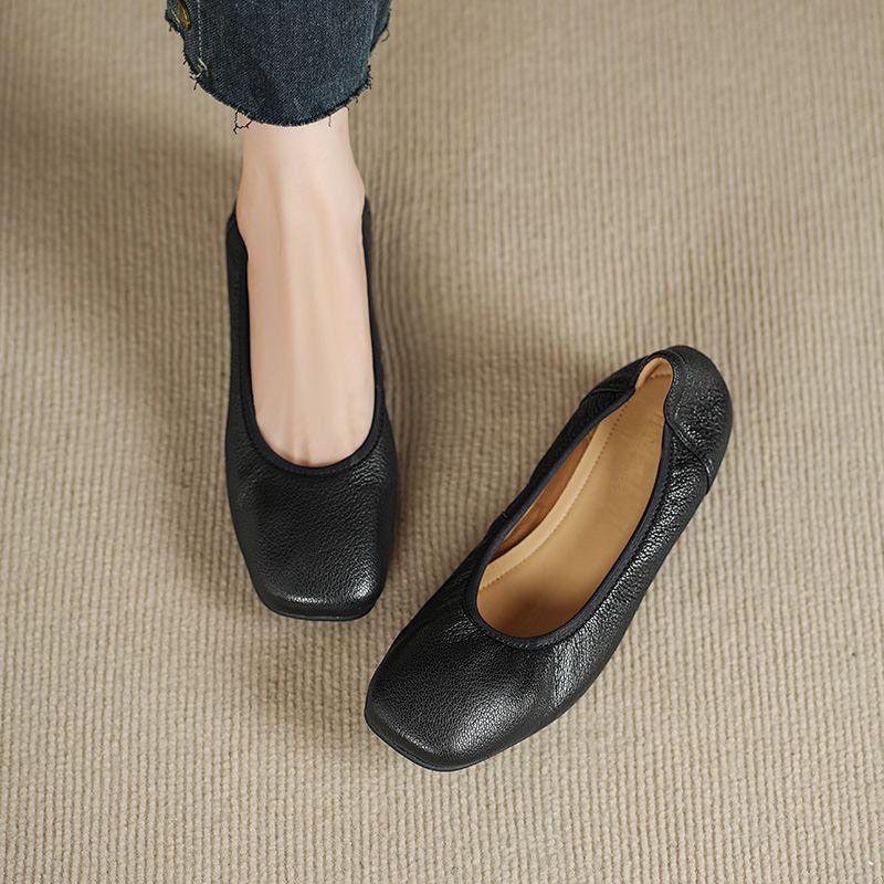 Schwarze Damen-Einzelschuhe mit dickem Absatz 2025 neu vielseitig Arbeit flache Sohle beladene Schuhe große Größe Karriere Vorstellungsgespräch weiches Leder Arbeitsschuhe