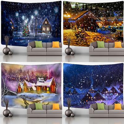 Christmas Night Scene Tapestry Wall Hanging Cartoon Illustration Snow Scene New Year Home Decoration