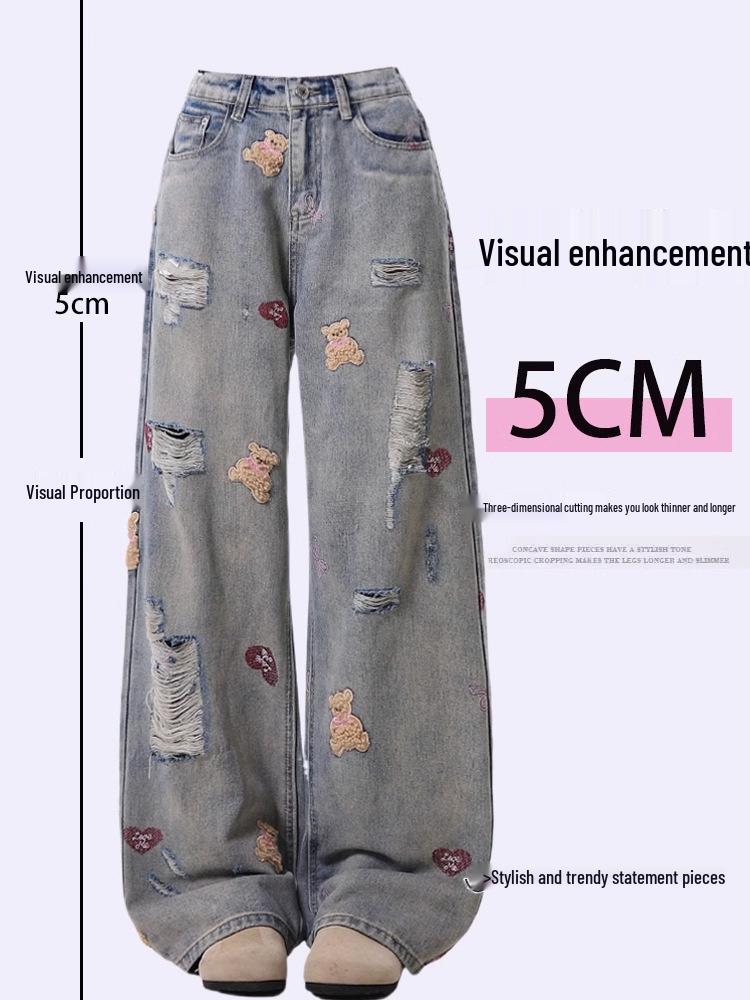 Women's Retro High-Waisted Embroidered Ripped Jeans - Autumn Collection, Comfortable Slim Fit, Loose Wide-Leg.