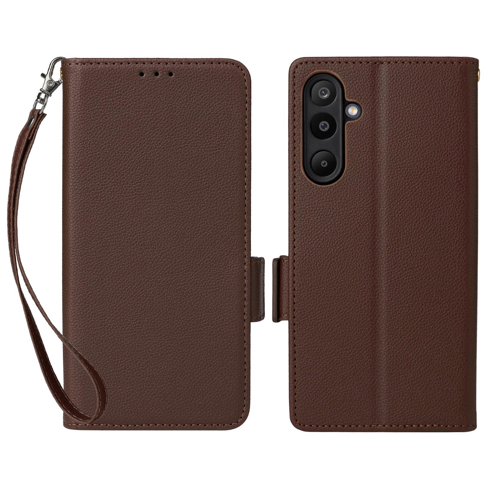 

Чохол для Samsung Galaxy M16 5G/F16 5G з ремінцем на зап ясті, текстура лічі, гаманець з ПУ шкіри, чохол для телефону Brown