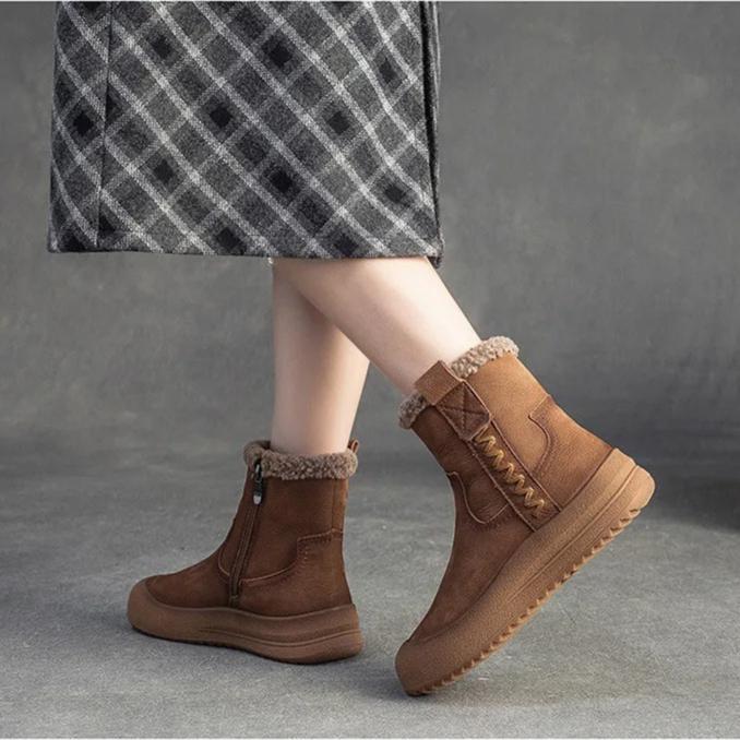 Johnature Plush Warm Retro Genuine Leather Thick Bottom Short Boots Versatile Soft Soled Women's Shoes
