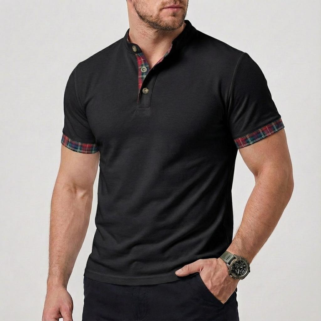 Men's Casual and Fashionable Color-blocked Checkered Shirt, Men's Short-sleeved Stand-up Collar Fitted Top