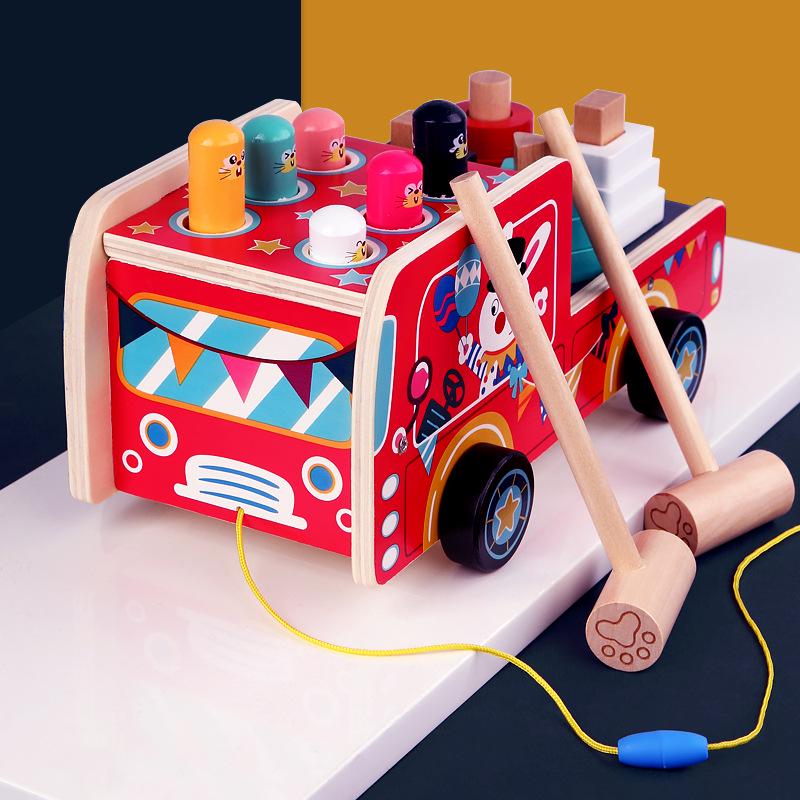 Wooden Cartoon Pull-Along Car & Whack-a-Mole Shape Matching Toy
