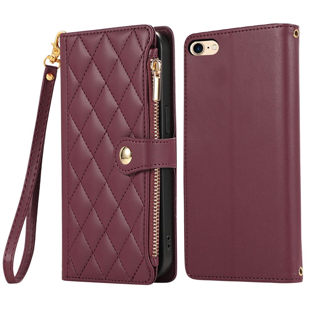 For iPhone 16e Case Multi Card Slots Zipper Rhombus Leather Phone Cover with Wrist Strap