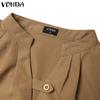 VONDA Women's Summer Standing Collar Bubble Short Sleeve Tie Button Solid Colour Loose Blouse