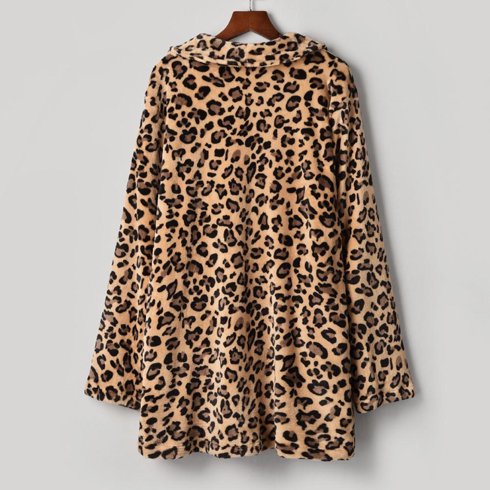 Womens Rabbit Villi Autumn Winter Long Sleeve Leopard Print Fashion Pocket Coat