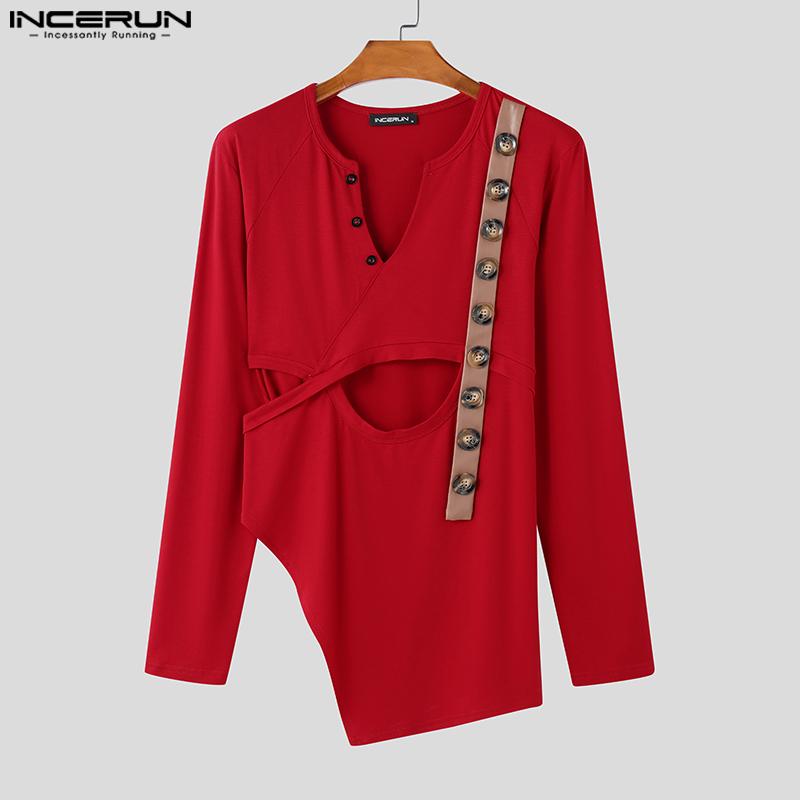 INCERUN Herren V-Ausschnitt Langarm Cutout Unregelmäßig Lässig Slim T-Shirts Unterhemden