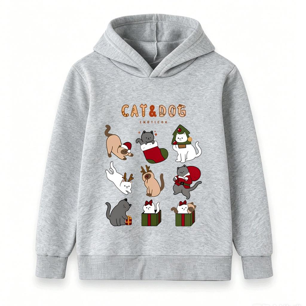 Kids Boys Girls Christmas Cat Cartoon Print Hoodie, Casual Long Sleeve Pullover Sweatshirt for Holiday Daily Wear