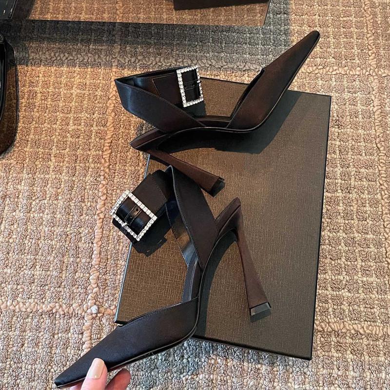 Fashion Star style Luxury Satin Rhinestones Square Buckle Women Pumps Sexy Ankle strap Slingbacks Summer High Heels Celebrity Prom Shoes