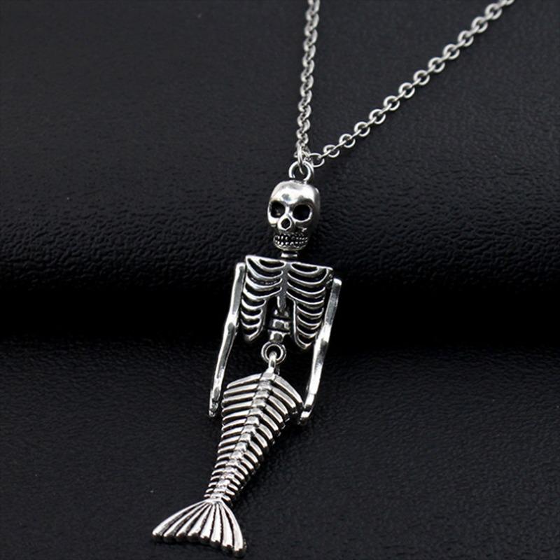 Halloween Gothic Skull Necklace Punk Skull Jewelry Mermaid Skull Fish Tail Pendant Punk Fashion Necklace Earring Keychain Gift