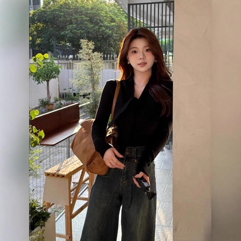 Early autumn light ribbon neck knitted sweater women's new autumn and winter high-end design sense inner bottoming shirt top