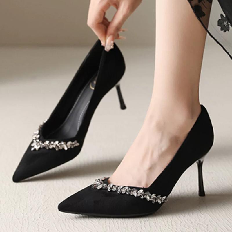 Suede Shallow Women Shoes Crystal Pointed Toe High Heels Elegant Pumps 2025 Trend Fashion Dress Party Winter Mujer Zapatillas