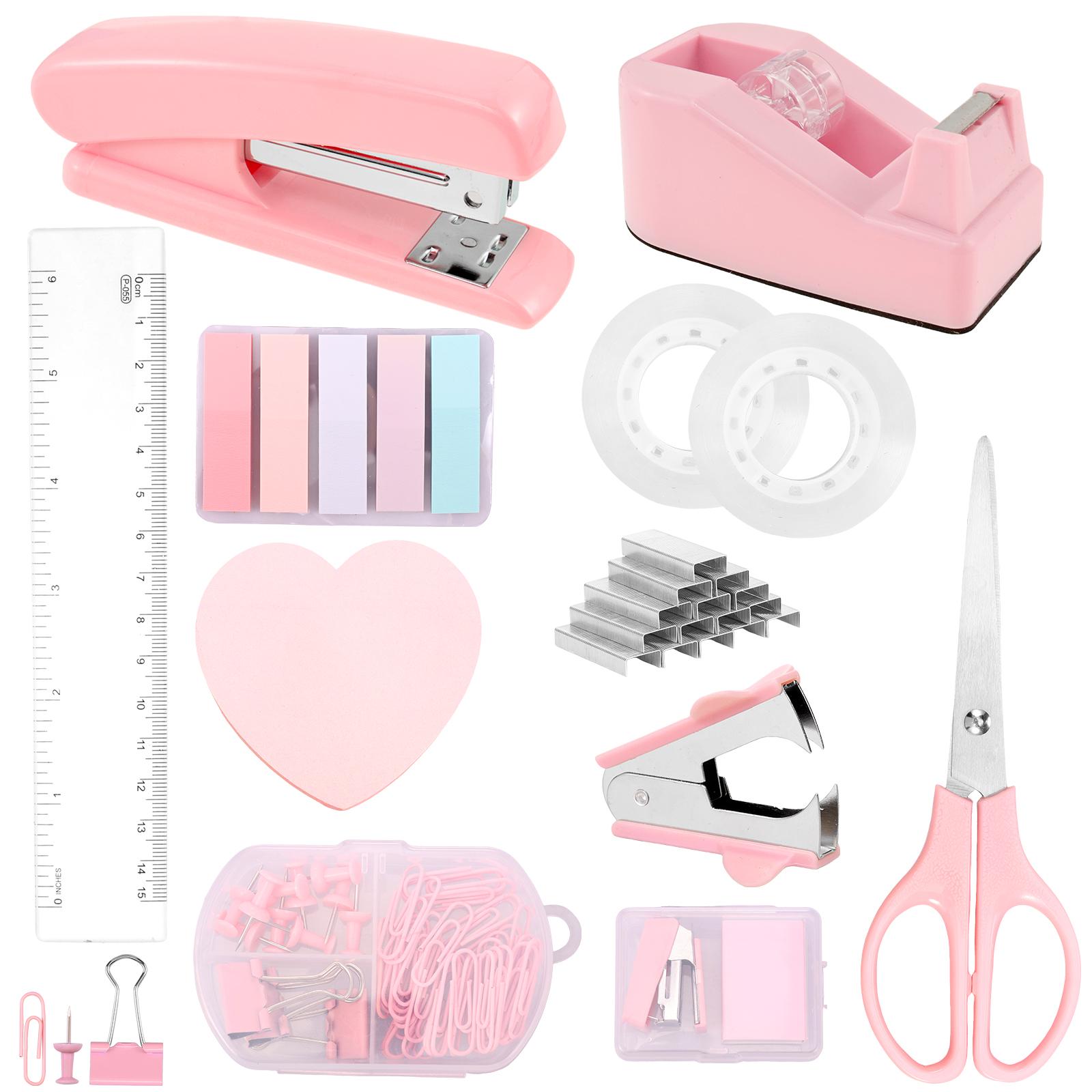 

Desk Accessories Stapler Set Office Supplies Set Staple Driver Tape Holder Ruler Labels Office Scissors For Students Office Use розовый