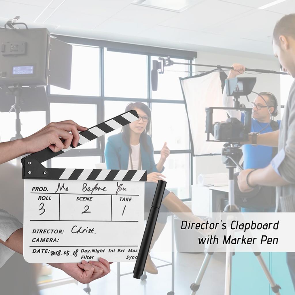 Dry Erase Acrylic Director Film Clapboard Movie TV Cut Action Scene Clapper Board Slate with Marker Pen, Color Stick,