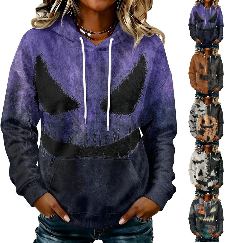 Women's Long Sleeve Pullover Hoodie with Halloween Print for Casual Outings