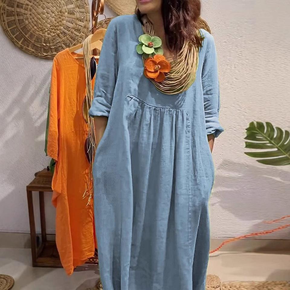 New Women'S V-Neck Casual Solid Color Cotton And Linen Dress