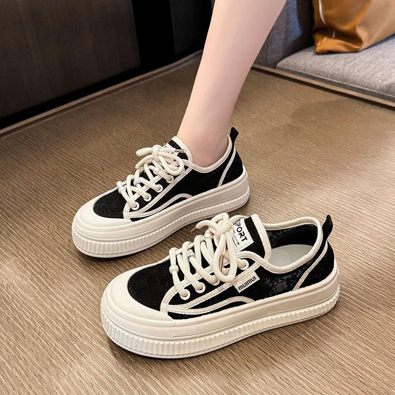 Popular Versatile Thick-soled Lace Thin Casual Board Shoes Women's 2025 New Summer Net Shoes Breathable Little White Shoes Women