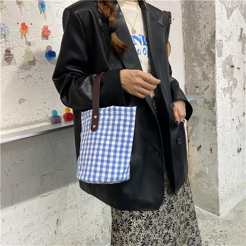 Small fresh plaid canvas bag, portable handbag, bucket bag, women's portable satchel, small bag for work
