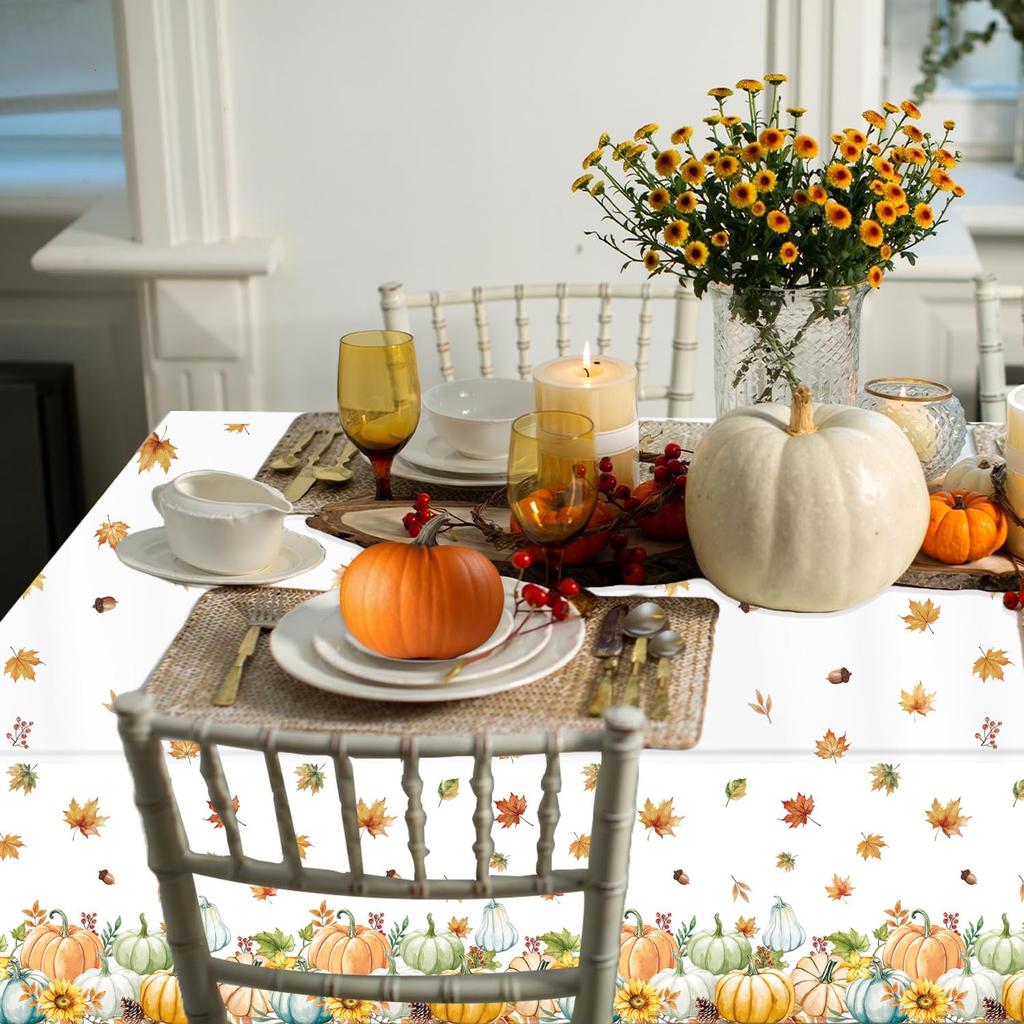 3 Pieces Fall Pumpkin Tablecloth Thanksgiving Tablecloth Autumn Harvest Maple Leaf Table Cover for Fall Thanksgiving Party Supplies, 54 X 108 Inch