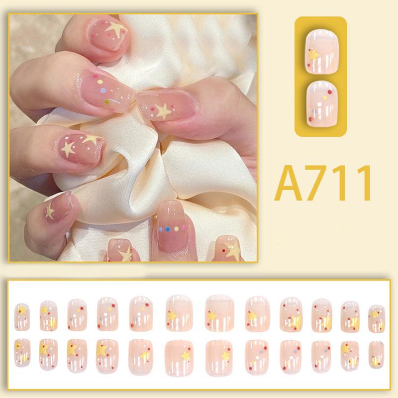 24Pcs  Blush Star Short Square False Nails With Jelly Adhesive Detachable Full Cover Press On Artificial Nails Tips
