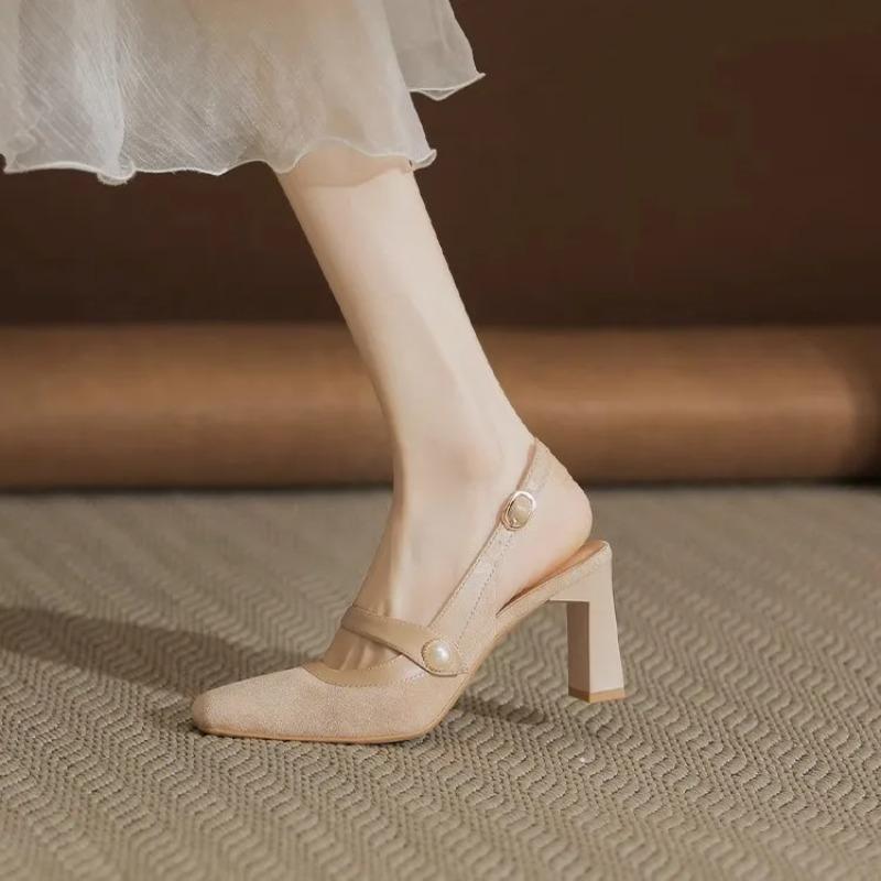 Mode NOUVEAU Cuir de Vache Talons Hauts Épais Printemps Marque Chaussures de Demoiselle Bout Carré Marque Haute Qualité Femmes Escarpins Peu Profonds