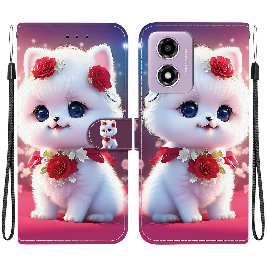 Handmade PU Leather Flip Case for Motorola Moto G04s / Moto E14 Anti-Slip Shockproof Cover with Wrist Strap & Heart/Rose Cat Designs