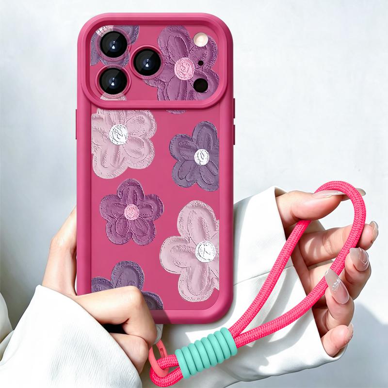 Flowers Fruits Print Lanyard Case For iPhone 18 Pro Max Shockproof Bumper Soft Silicone Cover For iPhone 17 16 15 14 13 Pro Max 17E