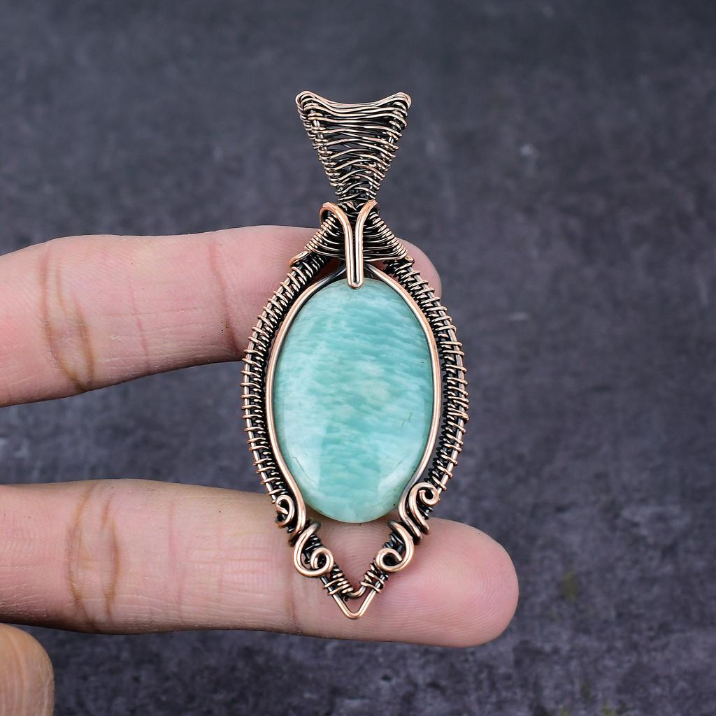 Natürlicher Amazonit Edelstein Handgefertigter Kupferdraht Wickel Anhänger Schmuck 2,95" q8U81