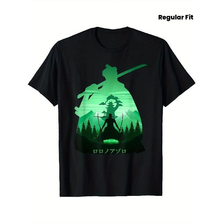 Men's Zoro Anime Graphic T-Shirt- Retro Japanese Manga Design with Zoro& Samurai Sword, Regular Fit Round Neck Tee for Cosplay, Conventions, PLUS