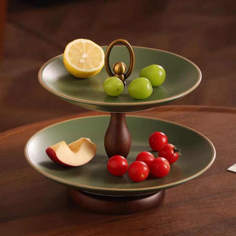 Green Double-layer Fruit Plate Ceramic Tray Snack Storage Box Double-layer Tray Desktop Container Kitchen Organizer Trays