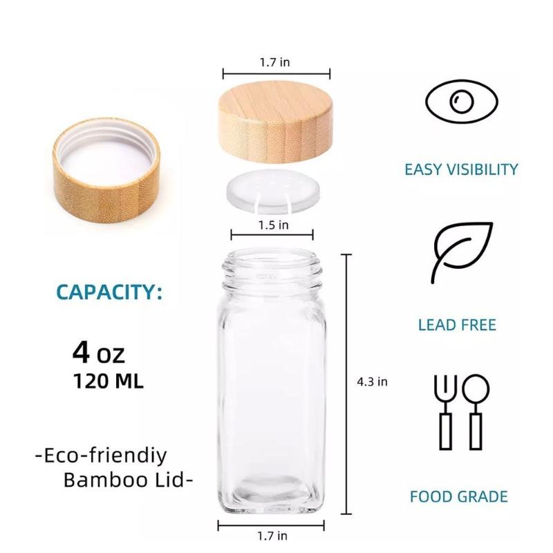 7Pcs/Set 4Oz Glass Spice Jar Seasoning Containers With Bamboo Lids Square Empty Spice Bottles Herbs