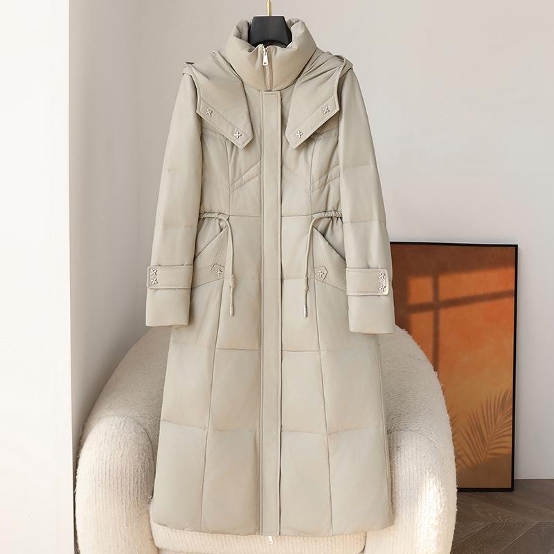 

Haining Hooded Genuine Leather Goose Down Jacket - Long, Thick, Loose Fit for Warmth in Autumn and Winter 2024. Large