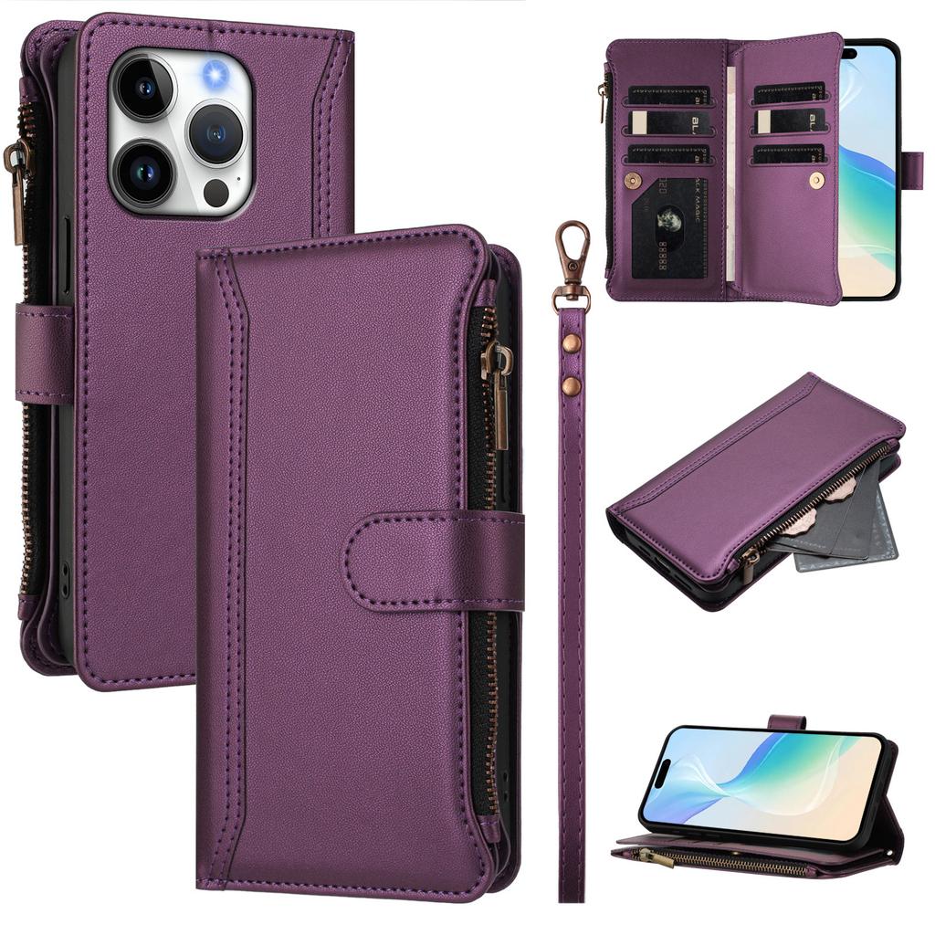 For iPhone 16 Pro Leather Case 9 Card Slots Zipper Wallet Stand Phone Cover with Wrist Strap