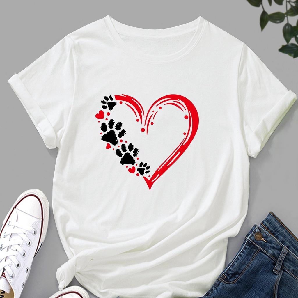 Women's Casual O Neck Heart Printed T-shirt O Neck Short Sleeve Cotton Tops