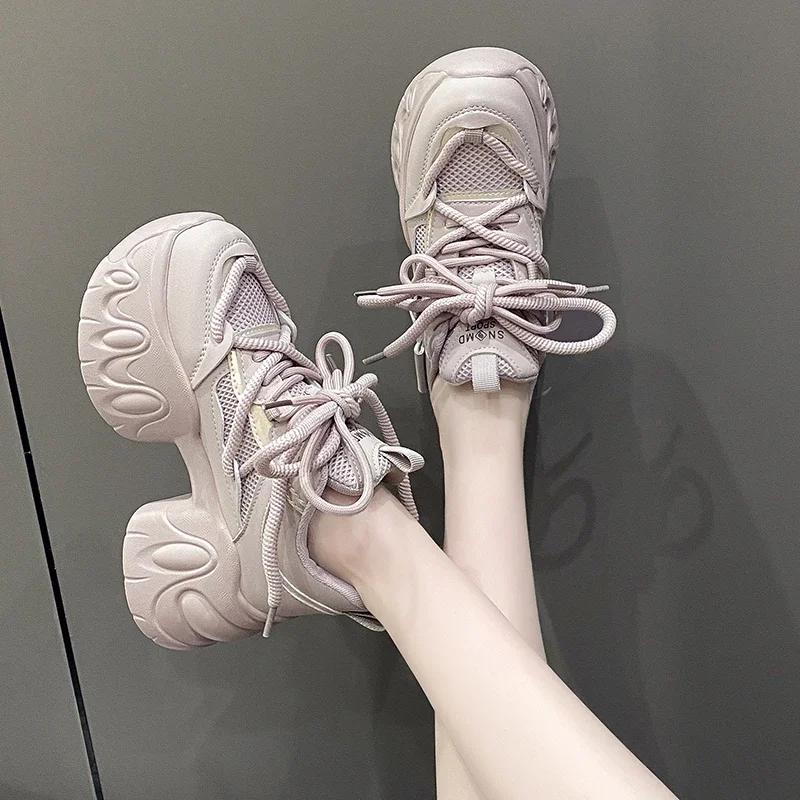 Fashion New Fashion Chunky Sneakers Women Spring Autumn Lace Up Platform Sports Shoes Woman 8CM Thick Bottom High Heels Female Sneakers
