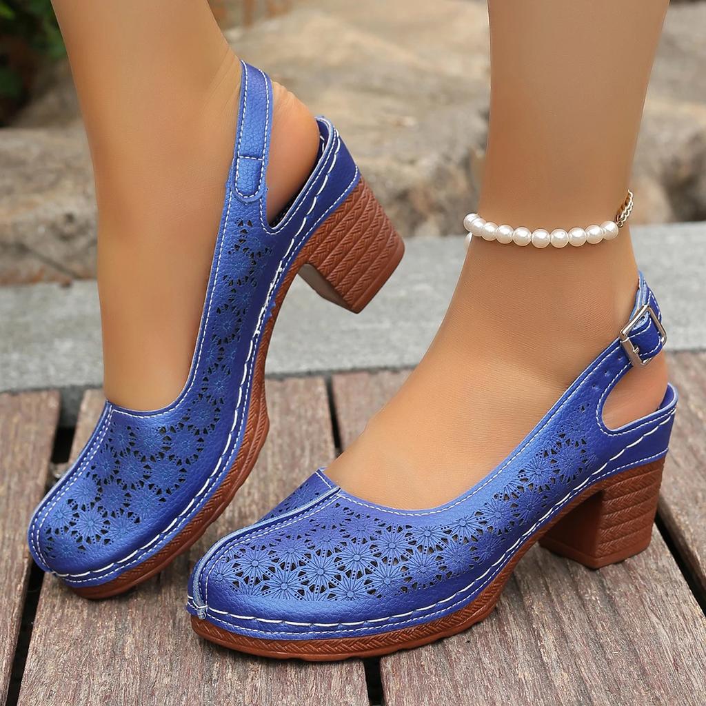 Fashion Summer New Women High Heel Sandals Comfortable Rubber Sole Shoes Large Size Roman Style Round Toe PU Leather Slip-On Sandals