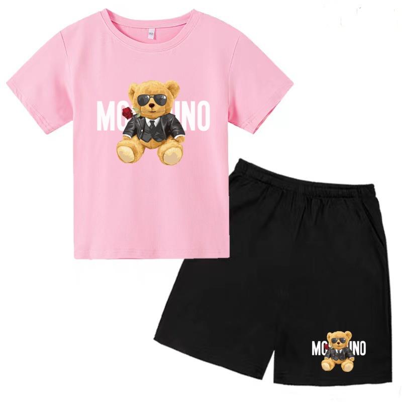 Children Summer Charming Rose Letter Bear Print T-shirt+Shorts Set Boys Girls Casual Toddler Sports First Choice Clothes