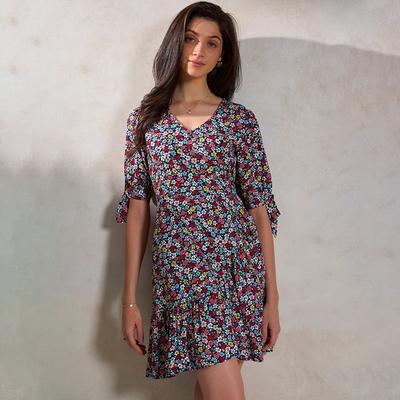Virgio Women Knee Length Puff Sleeve With Tie-Up Regular Fit V-Neck Dress