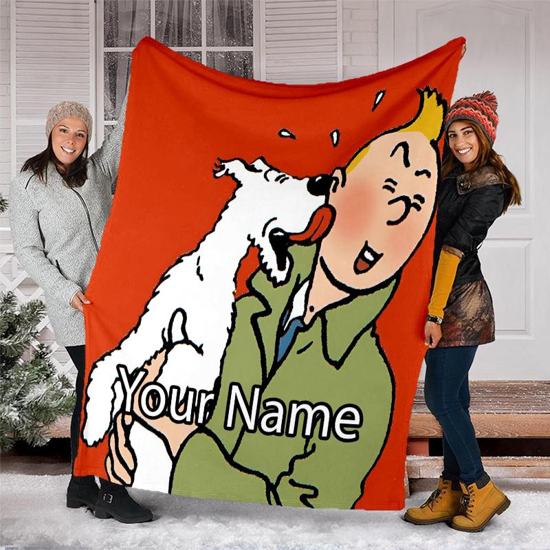 Custom Name Tintin Theme Printed Blanket - Perfect for Couch, Bed, Travel & Outdoor Use | Machine Washable, Cozy & Durable.