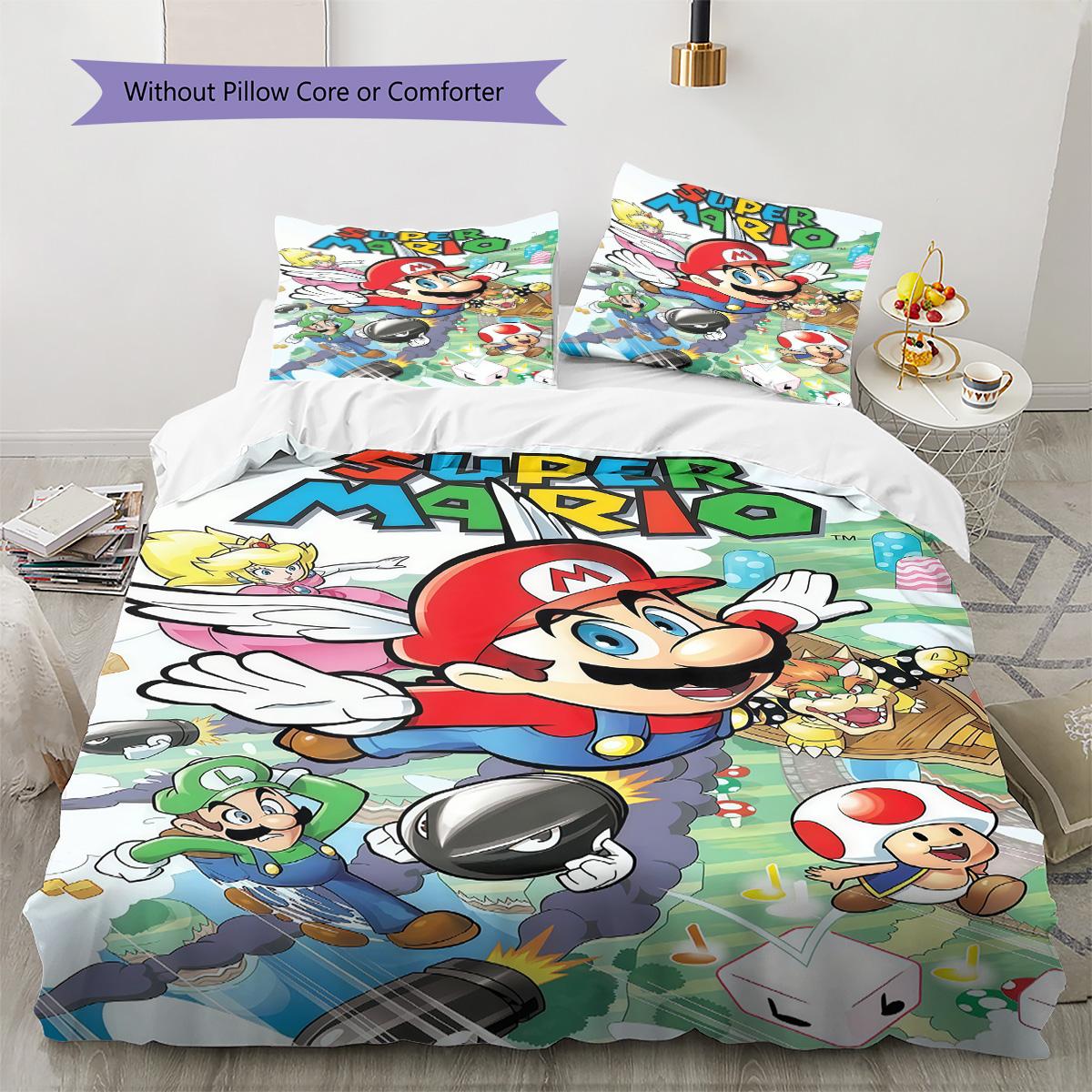

3PCS Super Mario Bed Set Skin-friendly Microfiber Duvet Cover & Pillowcases Cute Cartoon Kids Bedroom Bedding 135x200cm