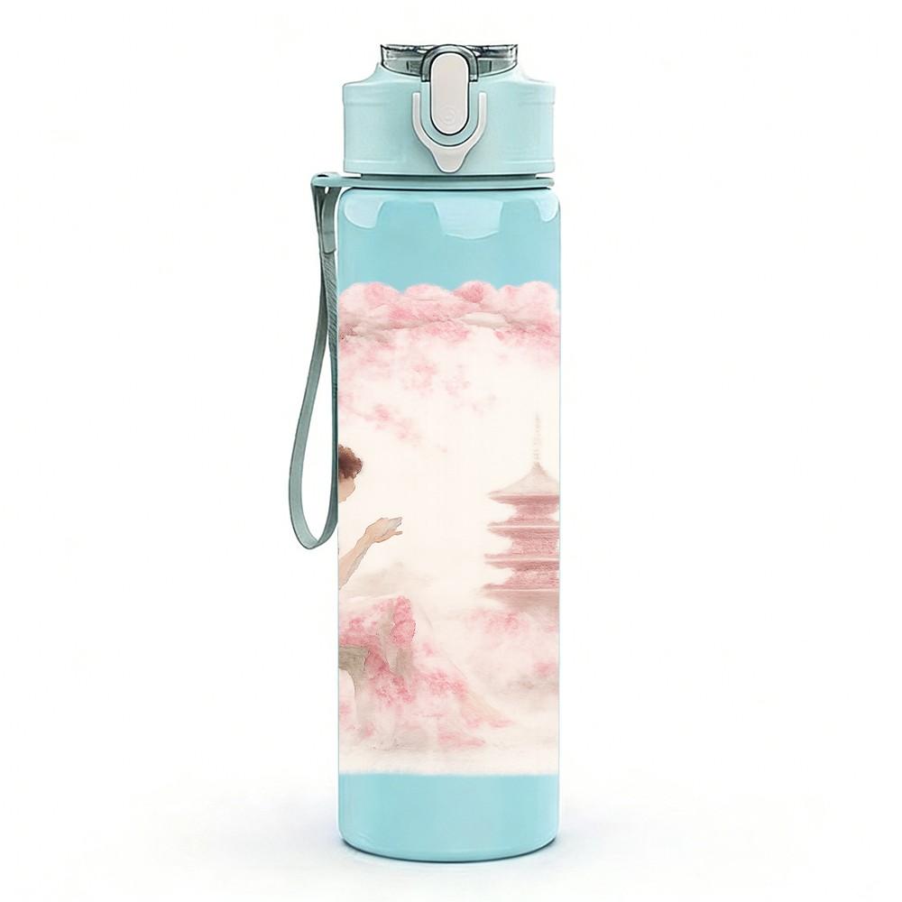 1PC Lady Pagoda Ink Wash Painting 750ml Color Plastic Sports Water Bottle Leakproof Flip Straw Lid For Sports Office Home Use