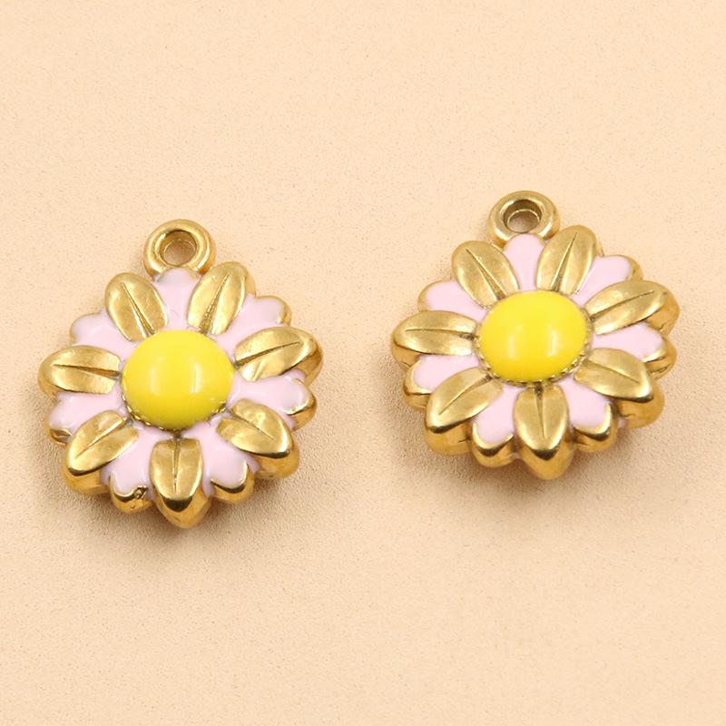 Stainless Steel Daisy Flower Drip Oil Pendants: 3 Styles, Golden Fresh Enamel Charms