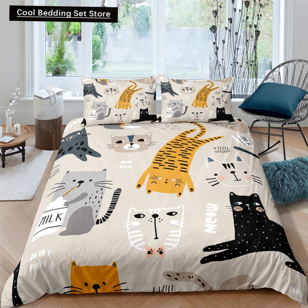 Cartoons Niedliche Katze Bettbezug Bettdeckenbezug Kissenbezug Junge Mädchen 2/3-teiliges Bettwäscheset King Queen Größe Kitty Polyester Bettdeckenbezug