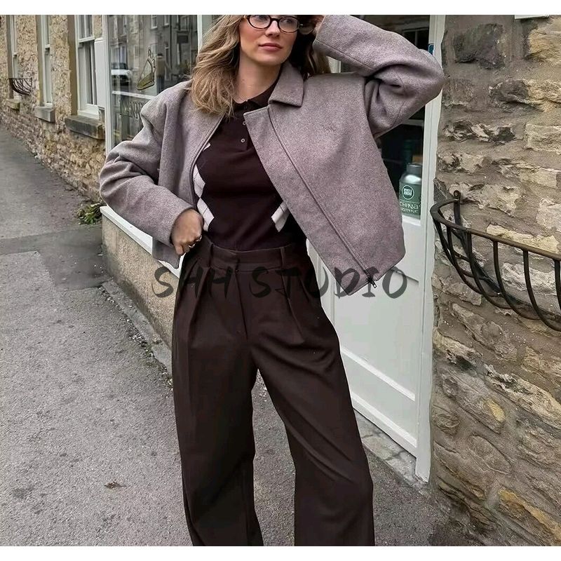 Spring New Women's Clothing Korean Style Loose Casual Minimalist Polo Collar Long Sleeves Soft Woolen Zipper Jacket Outwear
