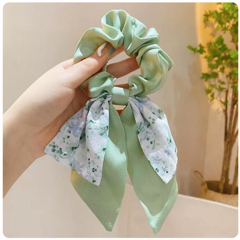 Korea Blumen Schleife Scrunchies für Frauen Satin Langes Band Pferdeschwanz Schal Mädchen Haargummis Druck Elastische Haarbänder Accessoires