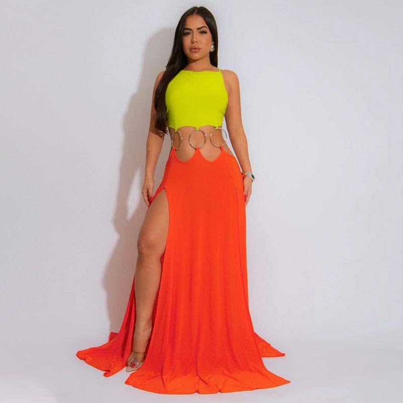 

901739 European and American New Sexy Lace-up Backless High Slit Dress Women Solid New Orange L
