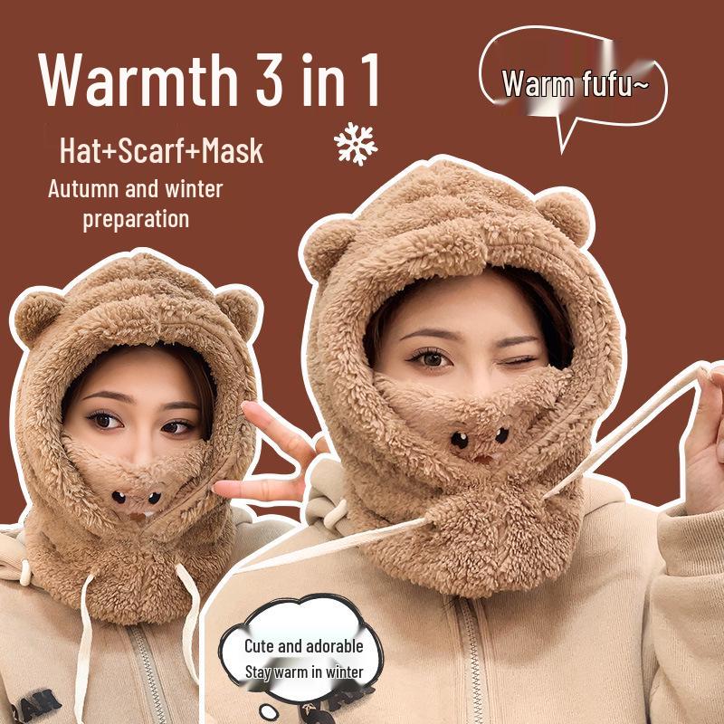 Nowy damski jednoczęściowy kapelusz z kapturem i szalik: Pluszowy, Pogrubiony, Ciepły, Miękki, Zimowy, Ochrona przed zimnem i uszu, Ocieplacz na szyję, Uroczy design.